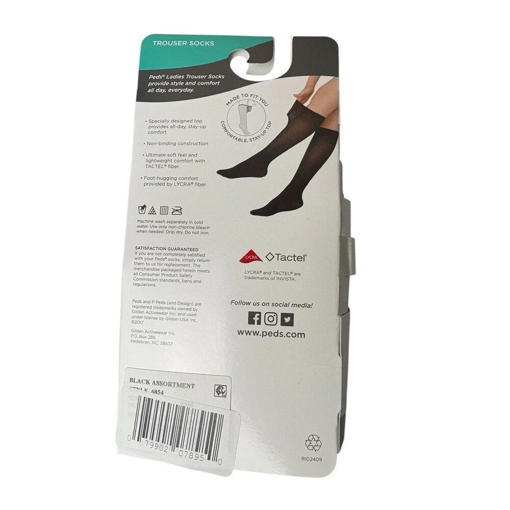 Peds Ladies Trouser Socks 6 Pair Shoe Size 5-10 Solid Pattern Non Binding Black